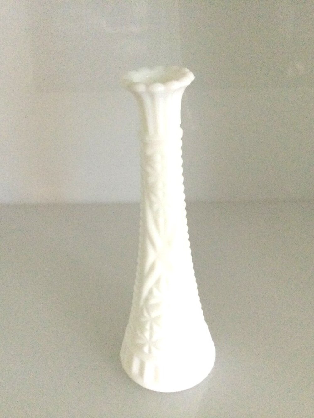 Vintage Milk Glass Bud Vase 9" Scalloped Rim Embossed Pattern